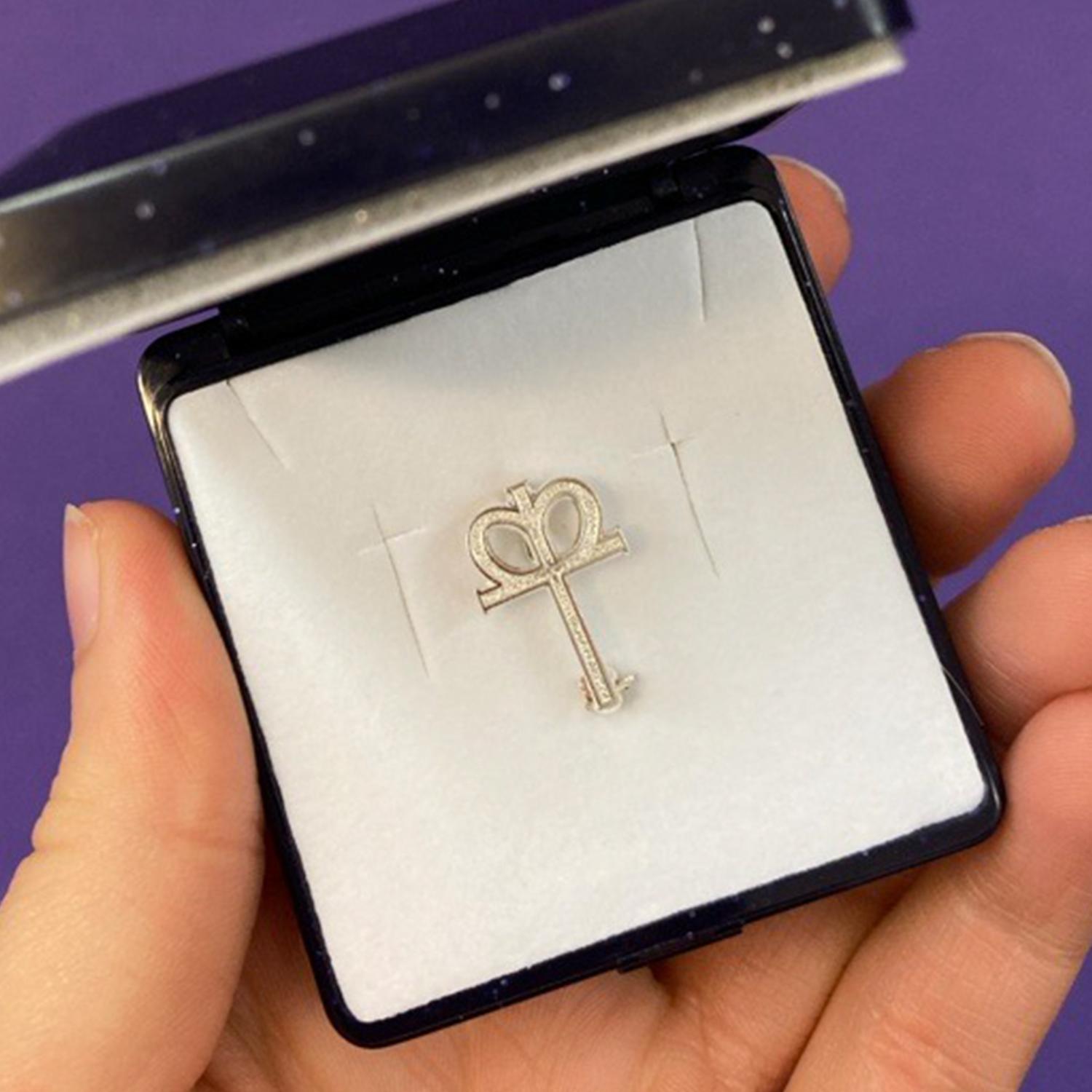 Das Kronenkreuz der Diakonie als glitzernde Brosche in einer Schachtel