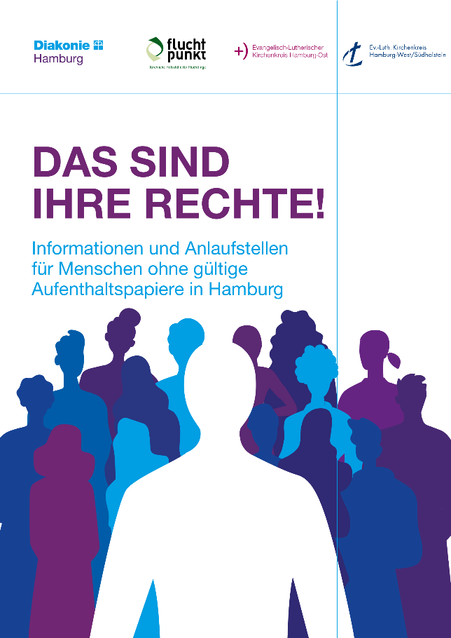 Im unteren Teil des Bildes sind schemenhaft Menschen abgebildet, darüber steht die Schrift „Das sind Ihre Rechte! Informationen und Anlaufstellen für Menschen ohne gültige Aufenthaltspapiere in Hamburg“.