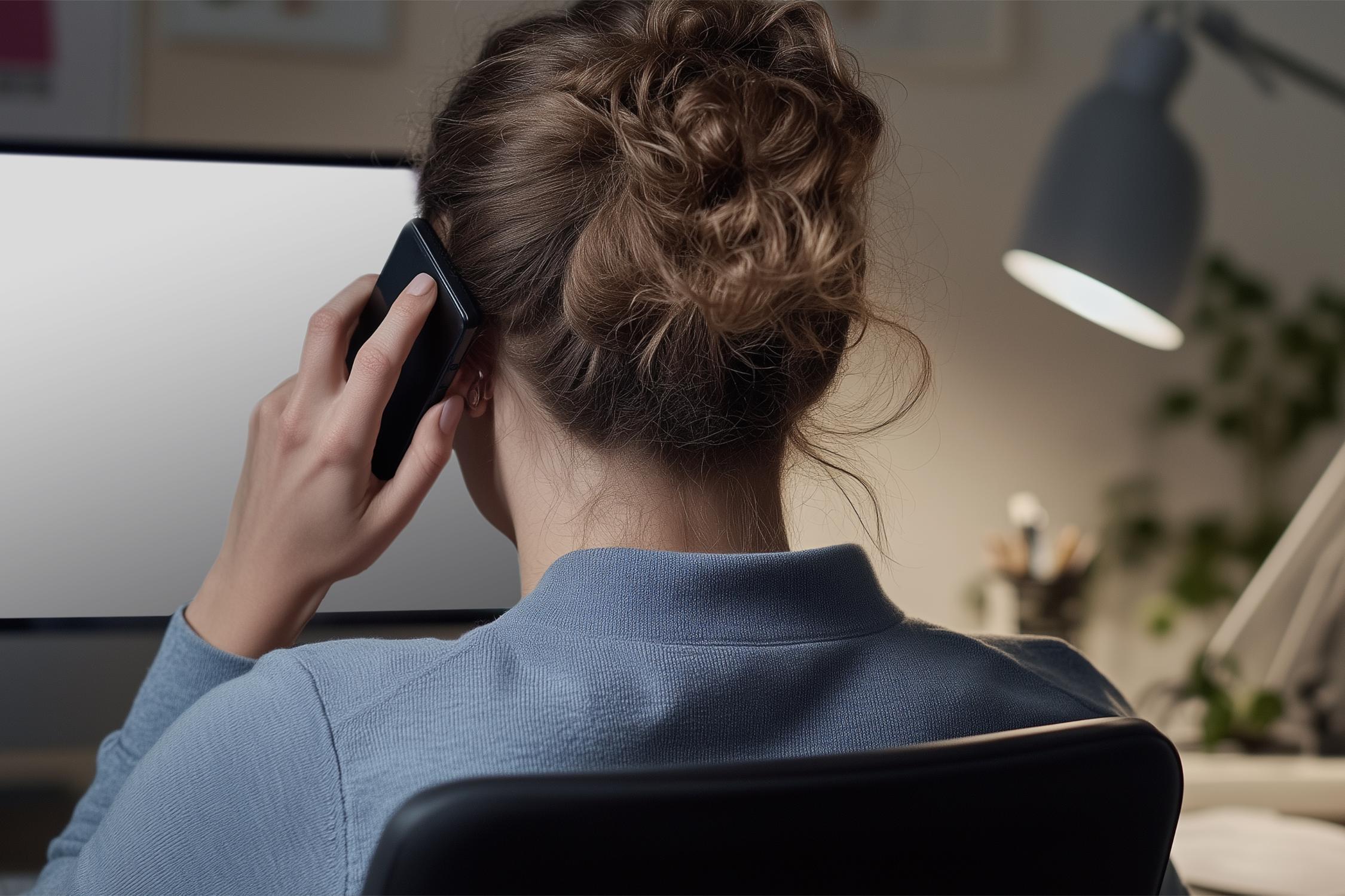 Zu sehen ist eine Frau mit hochgesteckten Haaren, die von hinten auf einem Stuhl vor einem PC sitzt und sich ein Handy ans Ohr hält.